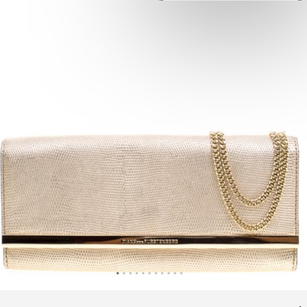 Diane Von Furstenberg Gold Lizard Embossed Leather Clutch
